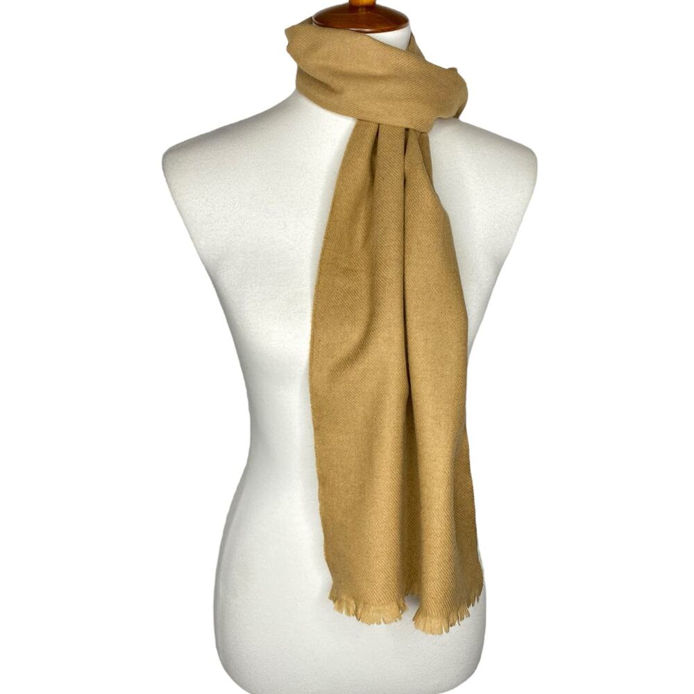 Vintage Cashmere Virgin Wool Scarf Beige Wrap Fringe Unisex Classic Quiet Luxury